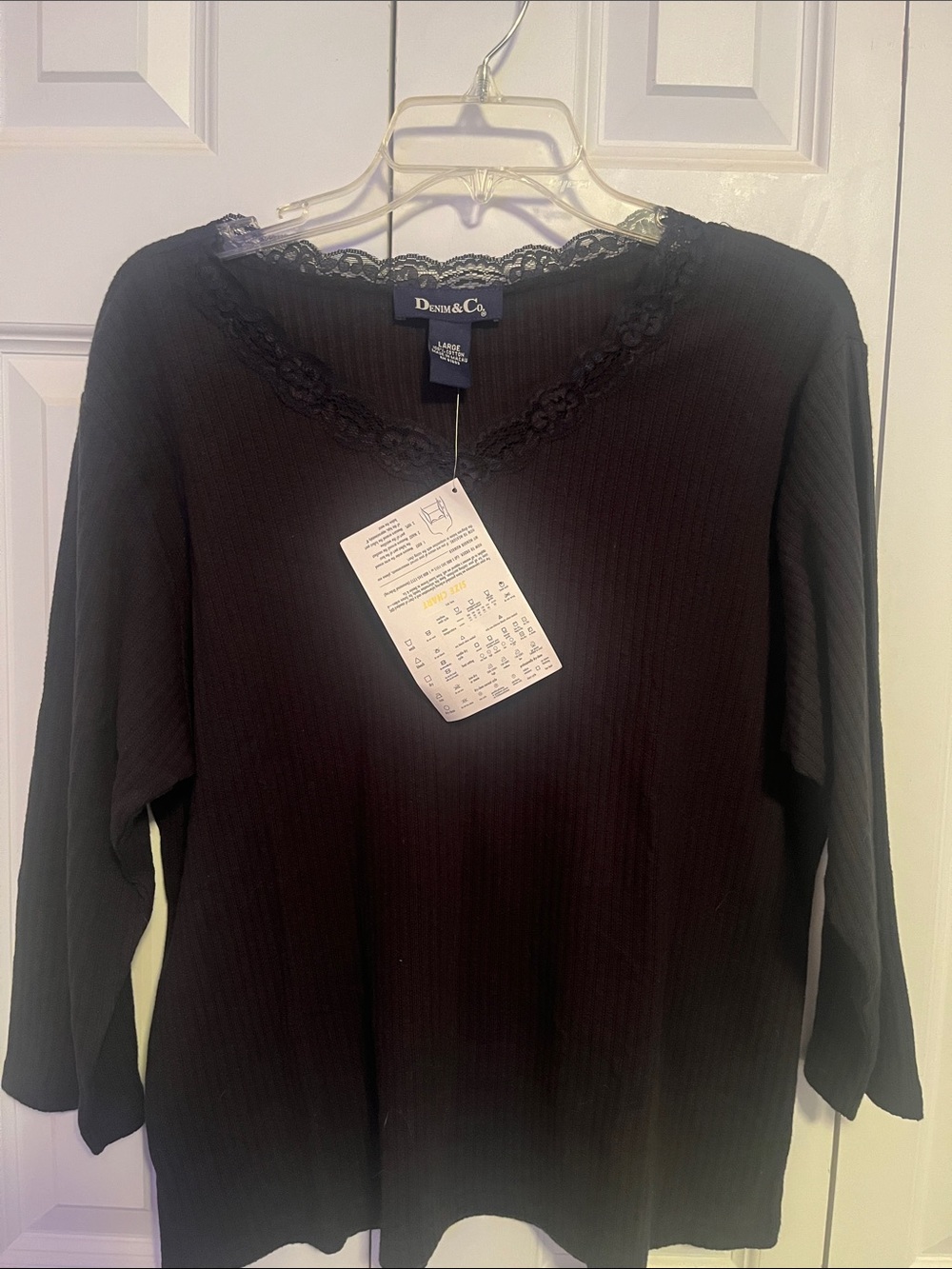 Denim & Co Women's Black Lace-Trim Ribbed Top Size Large NWT